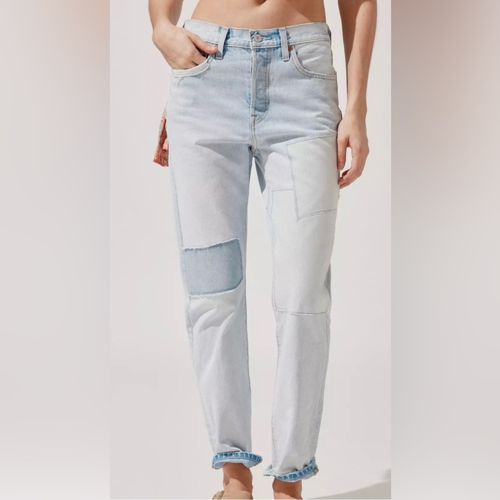 Levi's 501 Light Blue Patchwork Straight Leg Jeans, Size 26x30 NWT